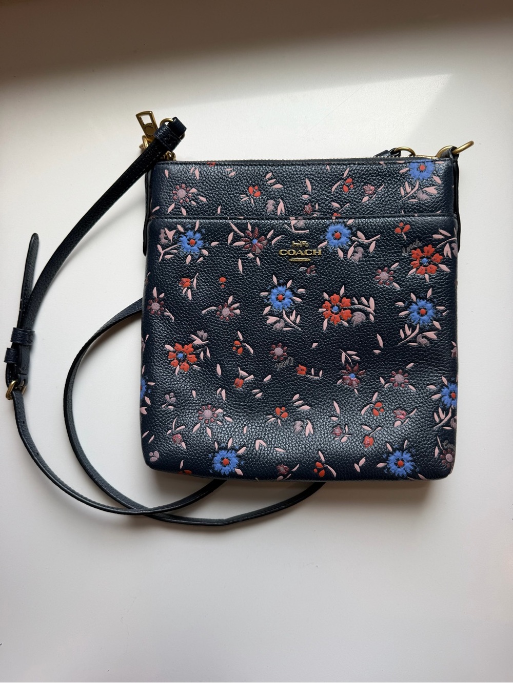 Coach Floral Leather Crossbody in Black with Blue & Red Accents
